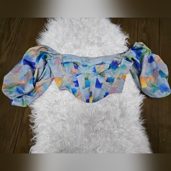 Fashion Nova Tops - Fashion Nova Multicolor Abstract Puff Sleeve Top